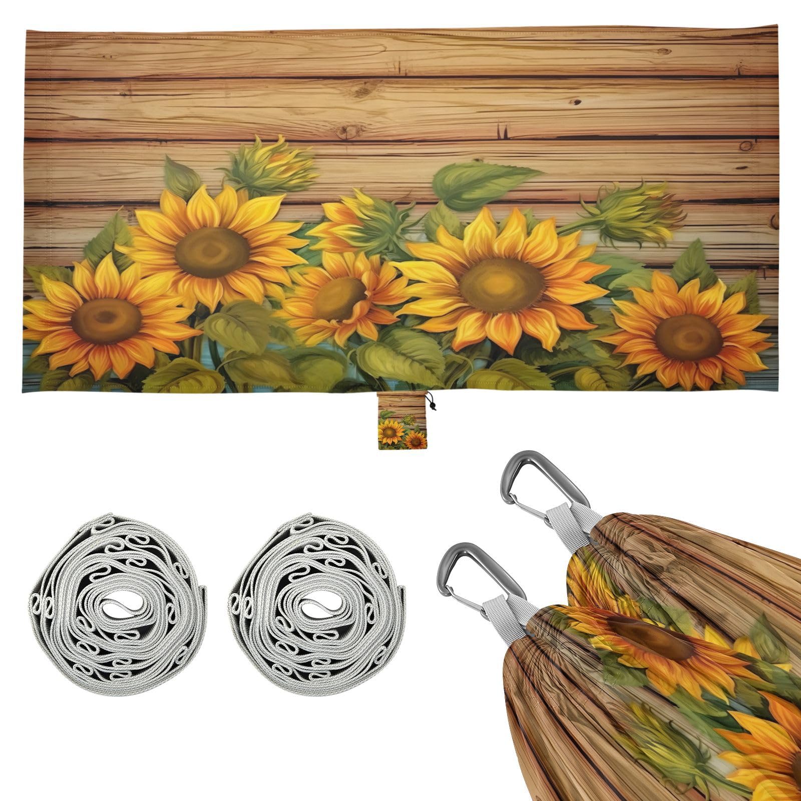 Haskirky Wood Grain Sunflower Camping Hammock, Single Portable Hammocks with Tree Straps & Attached Carry Bag, 330Lbs Capacity Perfect for Outside Indoor Hiking Beach Backpack Travel