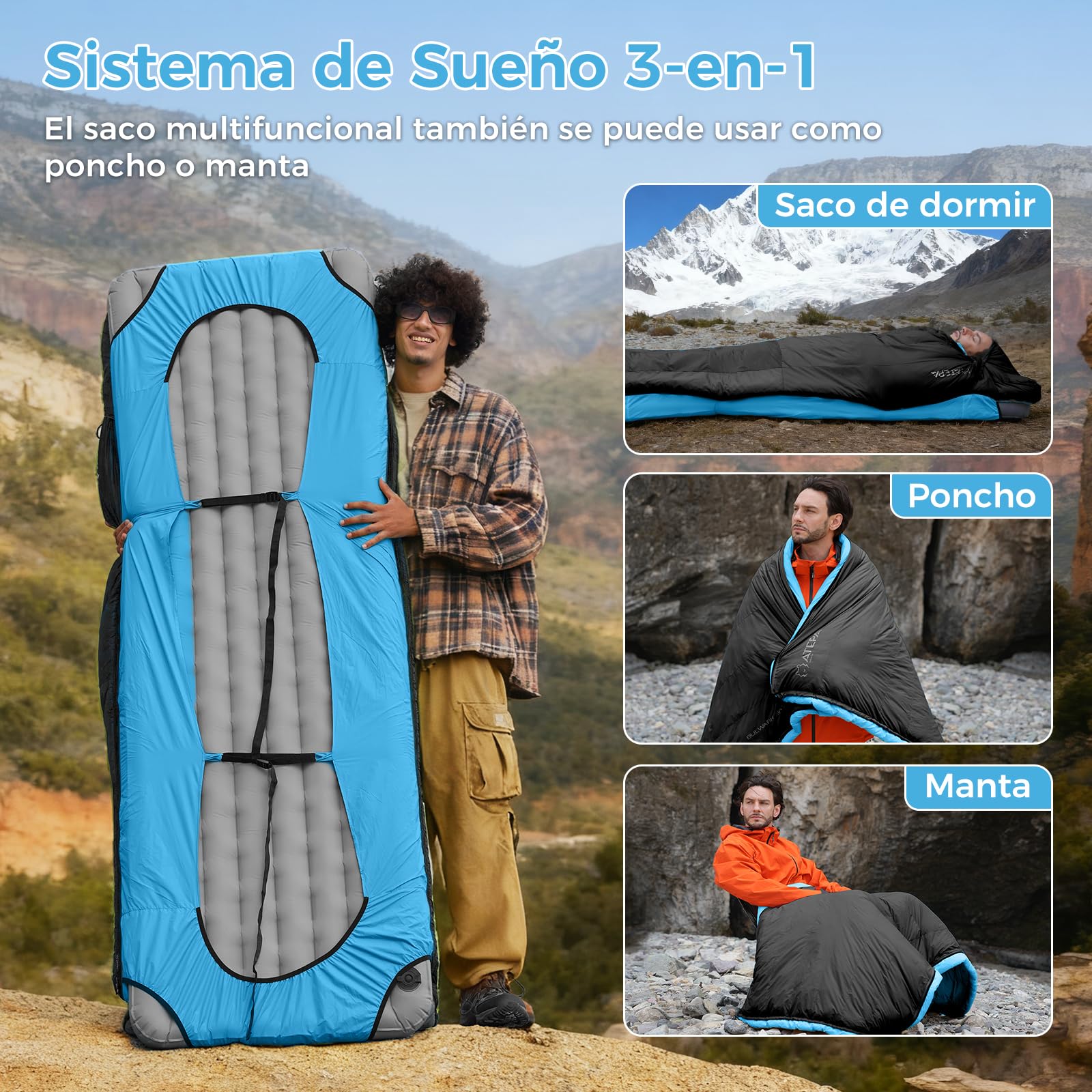 ATEPA Sacos de dormir de plumón, saco de dormir exterior para calor e impermeable, 3 en 1 adecuados para 3 estaciones, ideal para adultos en viajes, camping, se puede combinar con una colchoneta