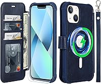 Vista 15 de VANAVAGY Magsafe - Funda tipo cartera compatible con iPhone 13 Mini para carga inalámbrica, de piel sintética, con correa para la muñeca, bloqueo