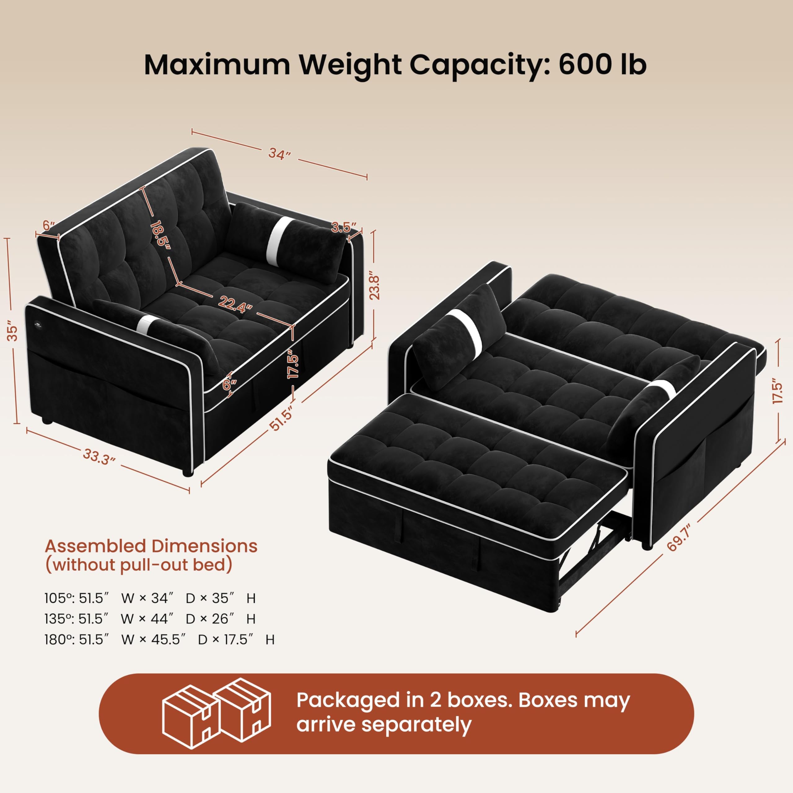Yaheetech 3 in 1 Sofa Bed Convertible Sleeper Sofa with USB Ports, Black | Velvet Pull Out Couch Folding Loveseat Sleeper, Armrest Pillows, USB Ports, Side Pockets for Living Room Bedroom Apartment