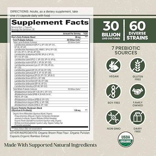 Miniatura 2 de Vital Planet - Probióticos orgánicos de flora para hombres, probióticos diarios de 30 mil millones de UFC, 60 cepas diversas, mezcla de hongos