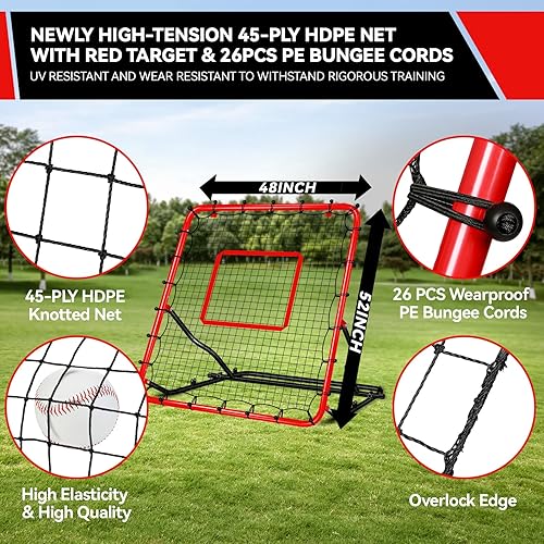 Miniatura 3 de Red de rebote de béisbol de 48 x 52 pulgadas con 3 ángulos ajustables, anti-UV, fácil almacenamiento, entrenador de campo de béisbol con 4 estacas,