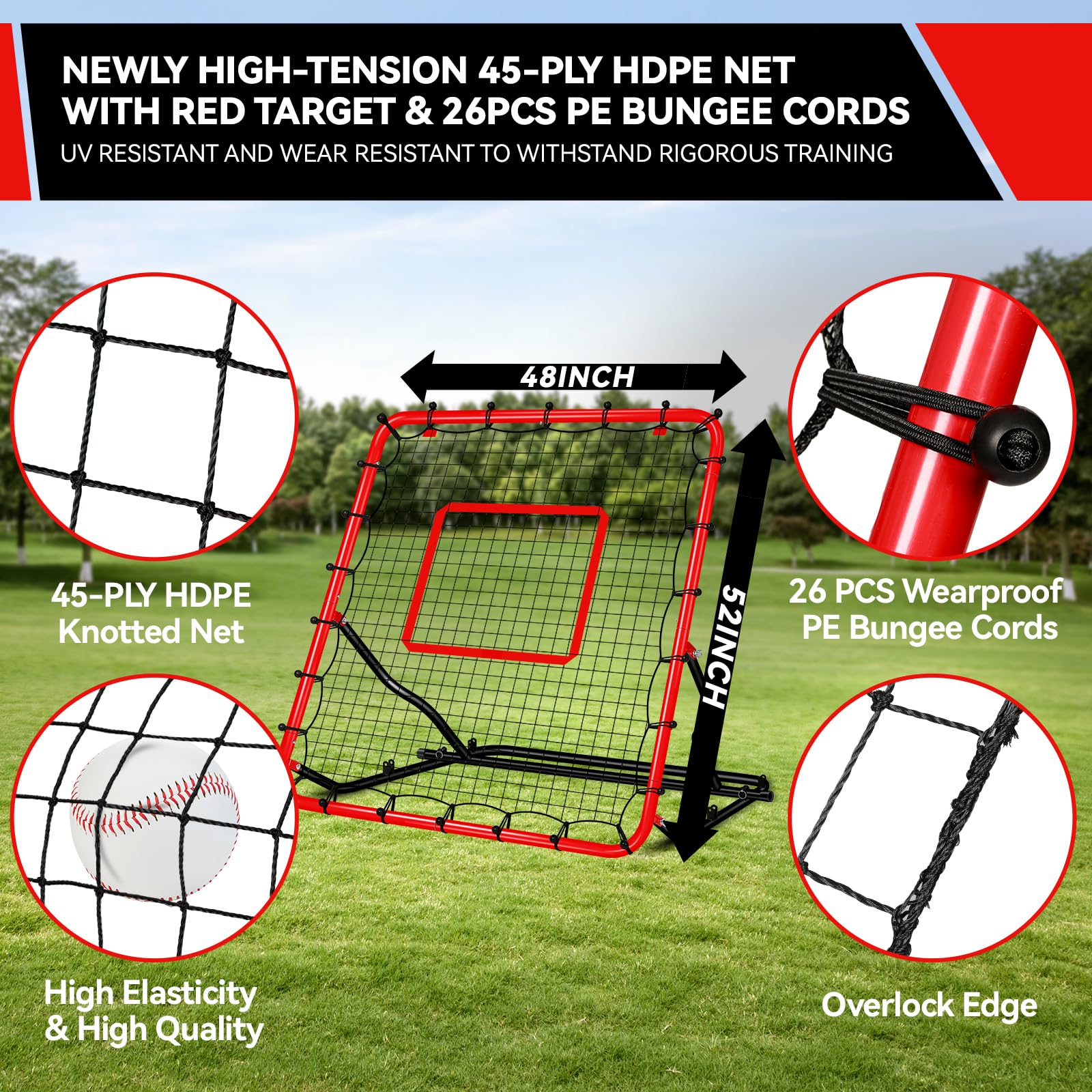 48X52Inch Baseball Rebounder Steel Frame Anti-Uv HDPE Net