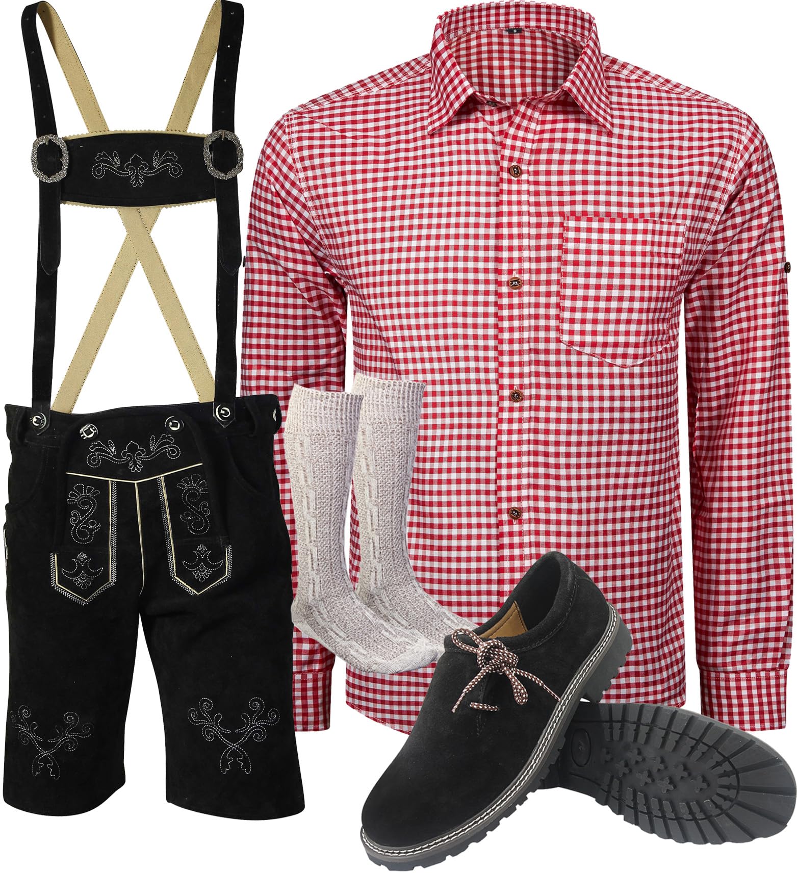 ALL THE GOOD S 6 Trachtenset (Hose +Hemd +Schuhe +Socken) Bayerische Lederhose Trachtenhose Oktoberfest Leder Hose Trachten