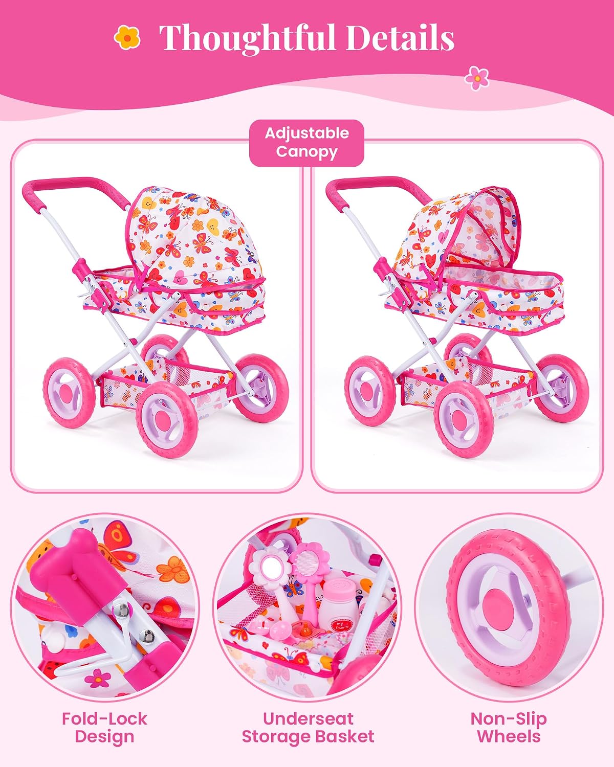 BABESIDE 14-Piece Baby Doll Stroller Set, Fits 10-12 Inch Dolls | Cute Butterfly Print Doll Pram with Feeding & Care Doll Accessories, Pretend Play Gift for Girls Ages 3+