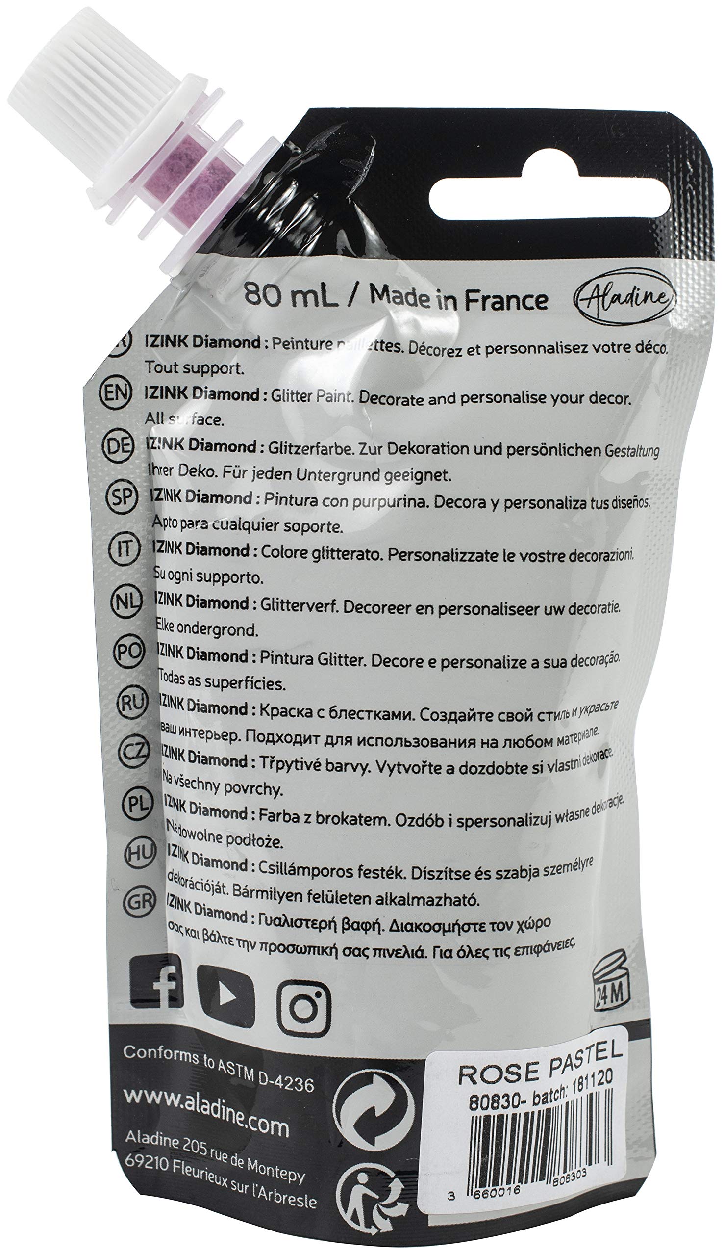 Aladine - Izink Diamond - Glitter Painting - Ultra Concentrated in Glitter - Decoration Any Support - DIY and Creative Leisure - Made in France - Soft Bottle 80 ml - Pastel Pink