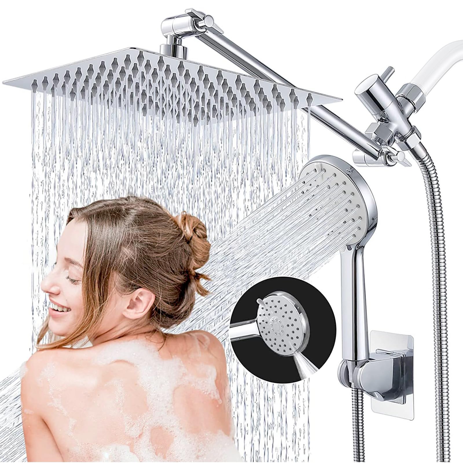GIFTQOOL 10 Inch Rainfall Shower Head High Pressure Chrome Combo Set, Dual 5 Modes Handheld Shower Head with Adjustable Rain Extension Arm, Hose, Holder Pomme De Douche