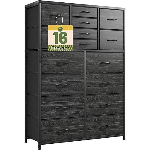 Bepatio 16 Drawers Dresser for Bedroom 57" H Tall Dressers for Bedroom Large Fabric Dressers & Chest of Drawers with Sturdy Metal Frame, Wood Top, Closet, Entryway, Hallway (Charcoal Black)