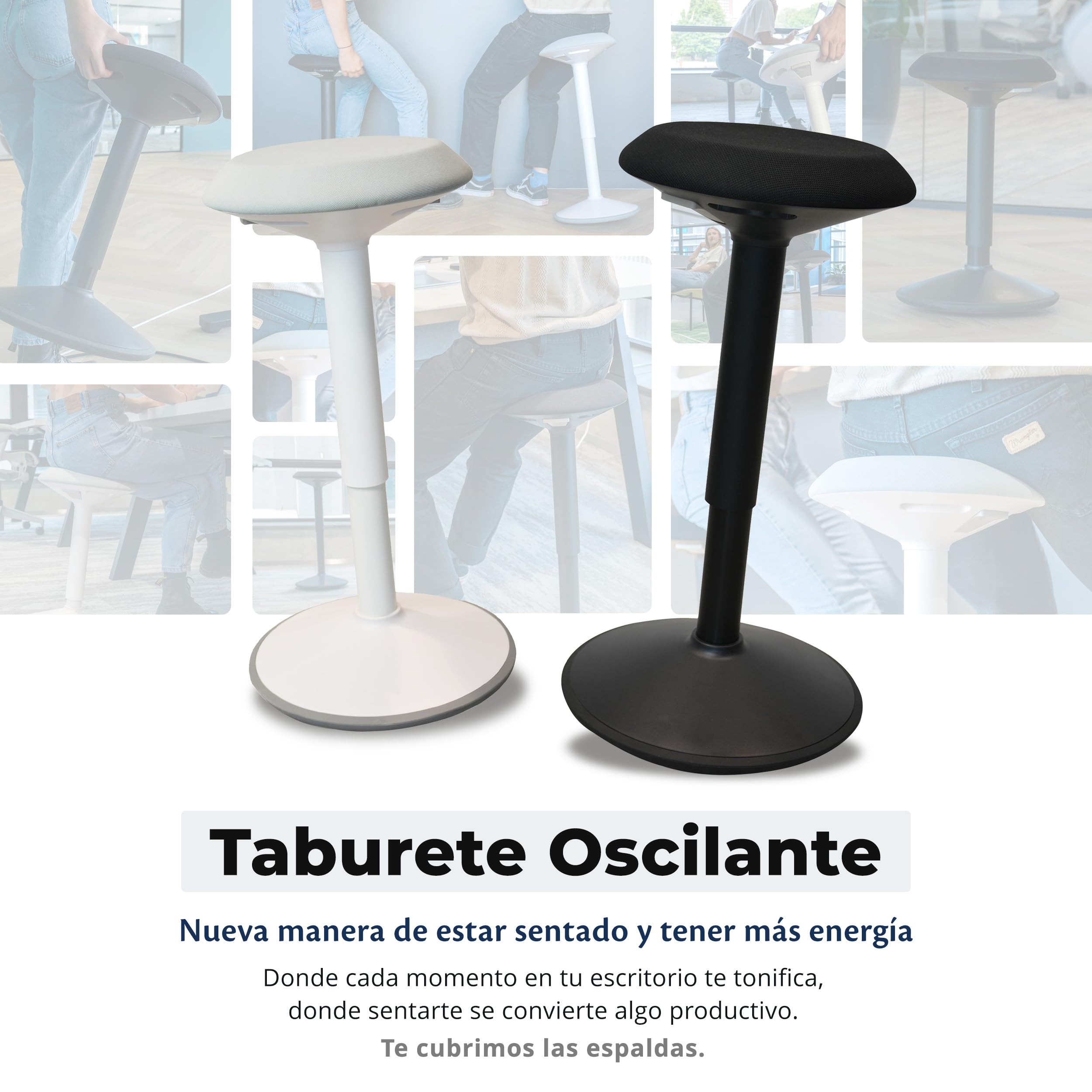 Backerz Taburete Silla Escritorio - Silla Oficina Ergonómica con Altura Regulable de 55 a 80 cm - Taburete Silla Ergonómica con Efecto Columpio Revestido con Tela Repelente al Agua, Negro Mate