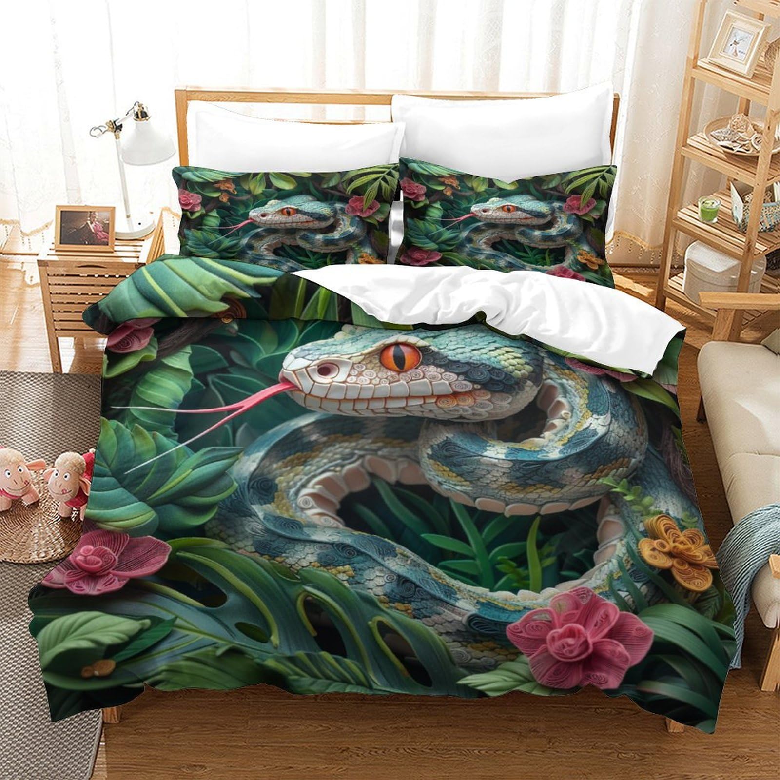 P1S9U7W5Y 3D Printed Jungle Snake Duvet Cover Set 3pcs Microfiber Reptile Bedding Set for Bedroom Double（200x200cm）