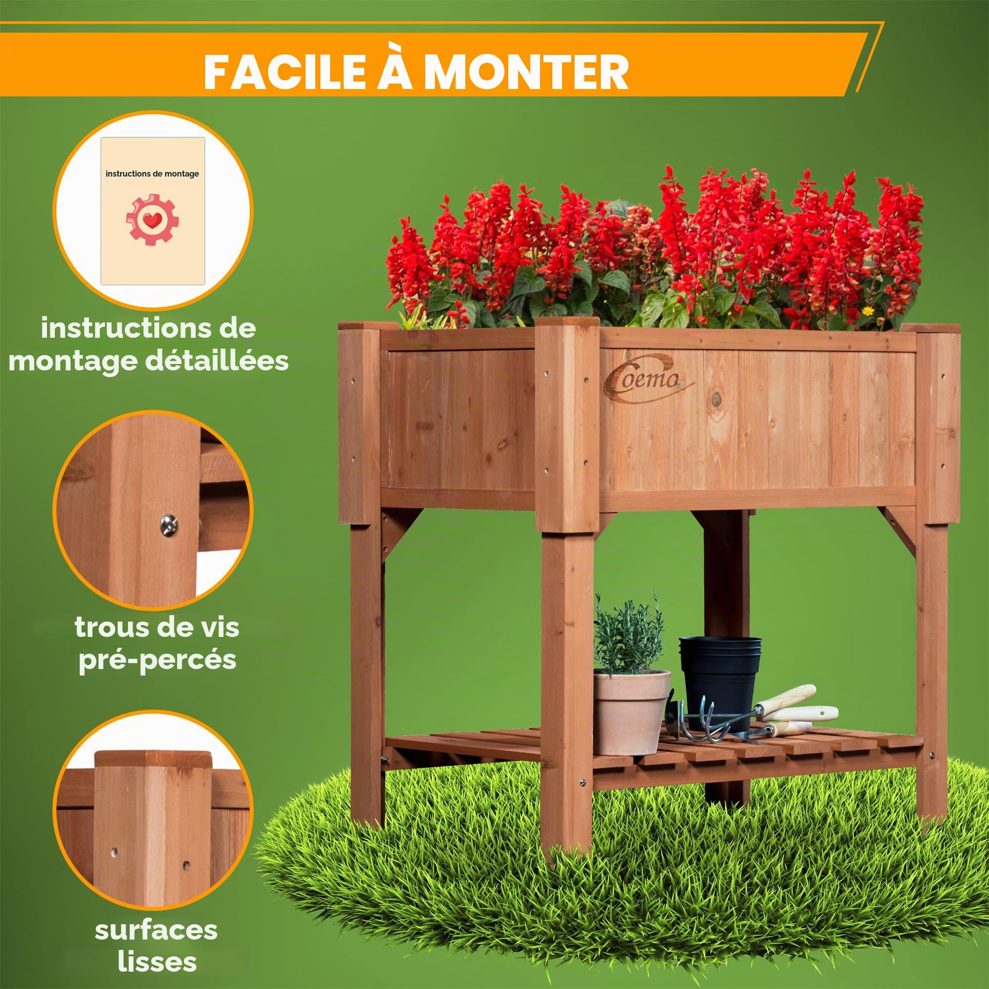 Coemo Jardinière surélevée en bois avec étagère - 90 x 60 x 90 cm - Pour terrasse et jardin | Jardinière et jardinière pour balcon, jardinière surélevée avec non-tissé pour plantes, également utilisable comme brise-vue