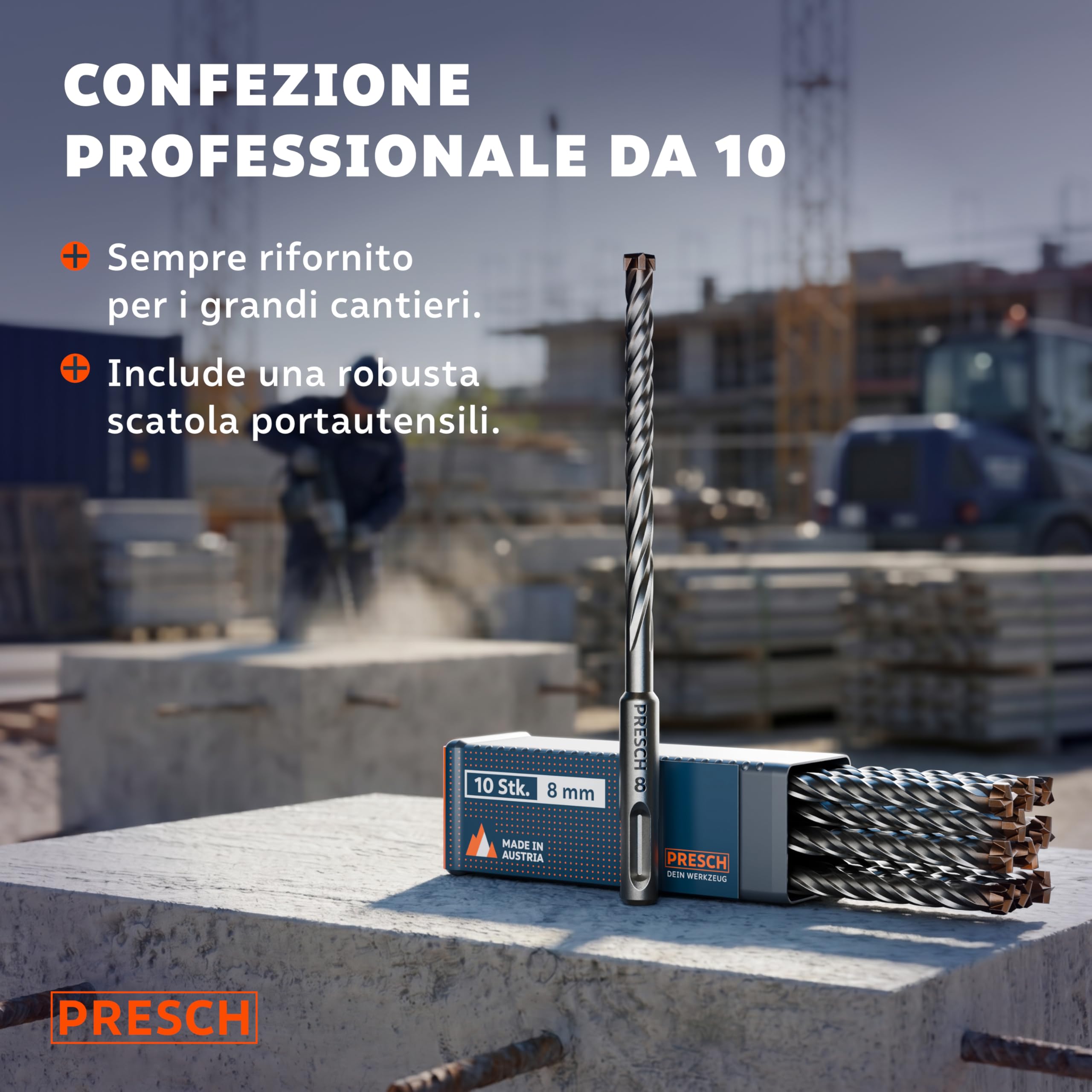PRESCH Punte SDS plus 8mm (10 pz.) – Punta trapano muro con 4 taglienti carburo – Indicatore Lunghezza Tassello – Set Punte da trapano robusta per cemento, calcestruzzo, granito, mattone e muratura