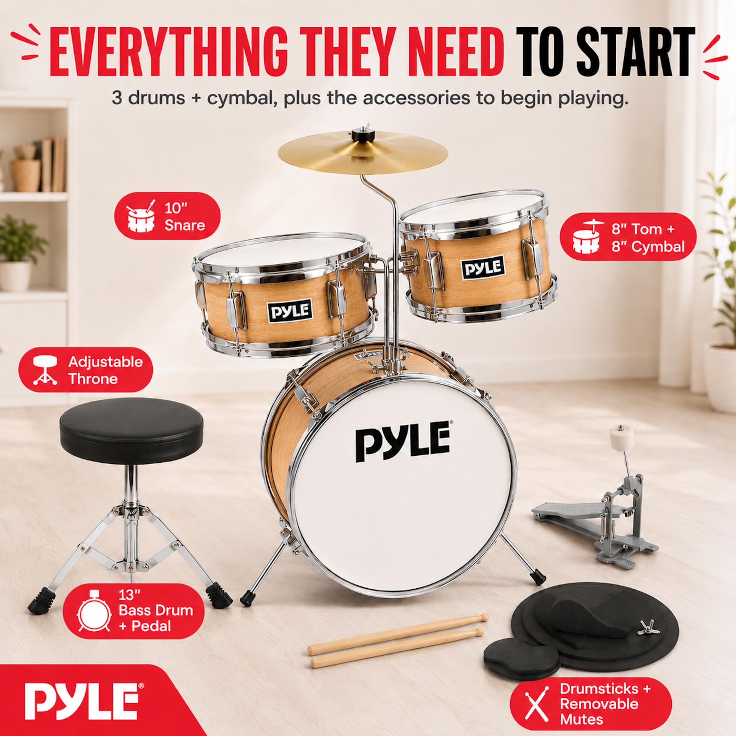Pyle Set de Batterie Enfant – Kit de Batterie Musique Junior Débutant 3 Pièces avec Grosse Caisse de 33 cm, Caisse Claire, Tom, Cymbale, Siège Réglable, Sourdines, Baguettes, Naturel