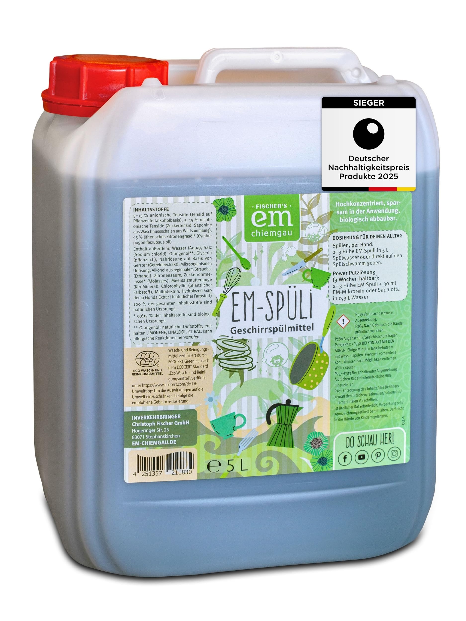 EM-Chiemgau Bio Geschirrspülmittel EM-Spüli [mit Effektive Mikroorganismen] sehr ergiebig, extrem Hohe Schmutz- und Fettlösekraft, pflanzliche Waschrohstoffe, Bio Rohstoffe, hautfreundlich - 5 L