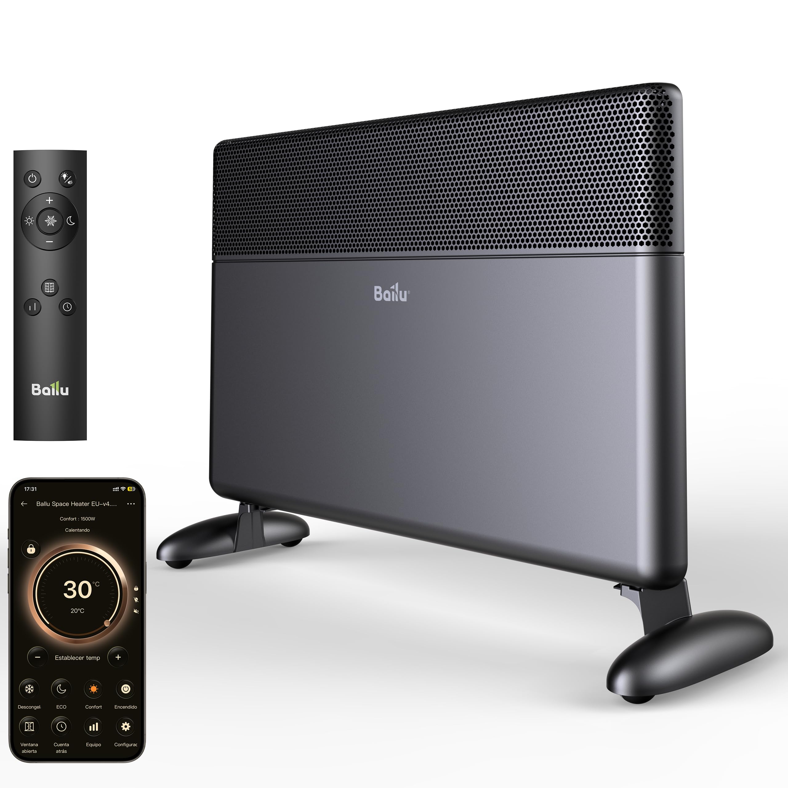 Ballu Radiador Eléctrico Bajo Consumo 2000W, Convector Eléctrico WiFi con App, Pantalla Táctil, Calefacción Eléctrica con Google Home y Alexa, Instalación Pared o Suelo, Mando a Distancia,Negro