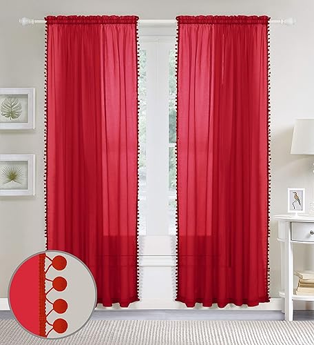 Miniatura 3 de Elegant Comfort Cortinas semitransparentes con borlas con pompones, juego de 2 paneles, con bolsillo para barra de 2 pulgadas, cortinas