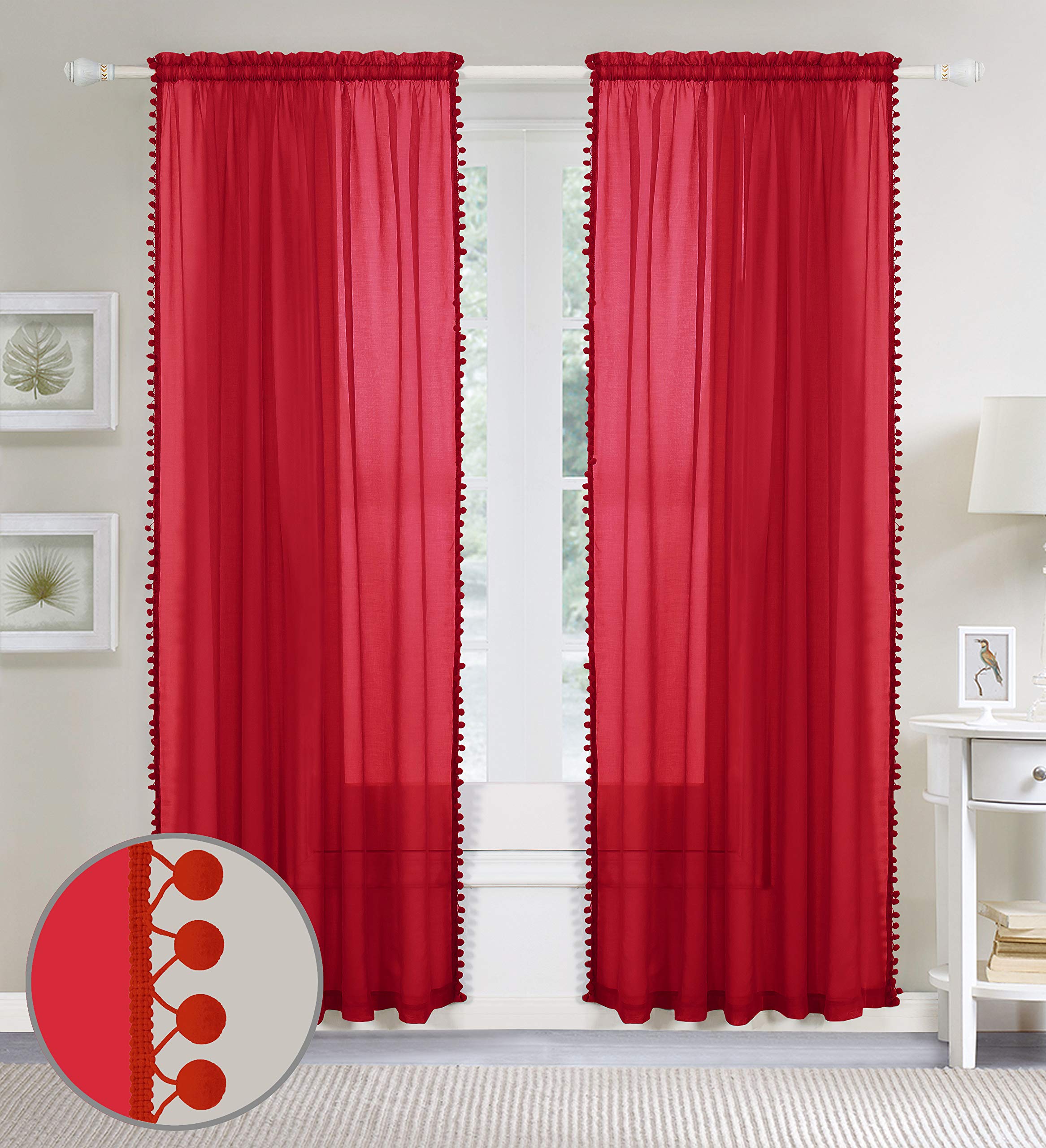 Elegant Comfort Semi-Sheer Pom Pom Tassels Curtains, 2 Panels Set, with 2inch Rod Pocket - Image 3