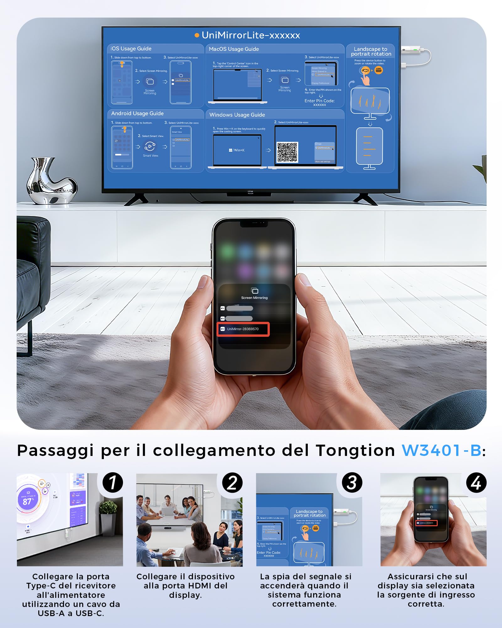 Dongle HDMI Wireless Mirroring-Adattatore Wireless Display Dongle HDMI 1080P@60Hz, 5GHz AirPlay/Miracast per TV/Proiettore (compatibile con Smartphone, Tablet, PC/Mac)
