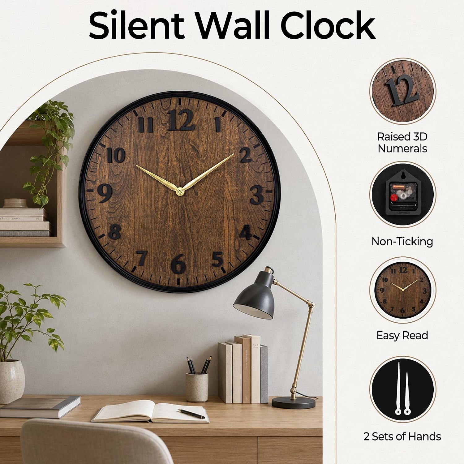 Wall Clock Farmhouse Vintage 24 Inch Silent Non-Ticking Battery Operated
