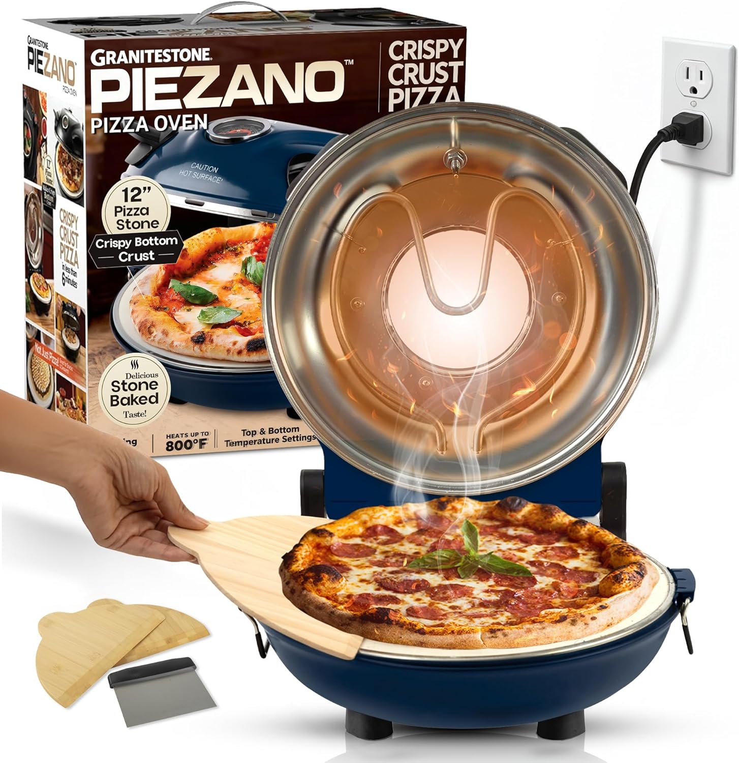 PIEZANO Crispy Crust Pizza Oven by Granitestone – Electric Pizza Oven Indoor Portable, 12 Inch Indoor Pizza Oven Countertop, Pizza Maker Heats up to 800?F for Stone Baked Pizza at Home - Navy Navy Original