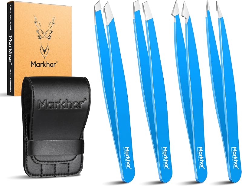 Pinças Markhor Royal Blue para sobrancelhas em aço inoxidável, conjunto com 4