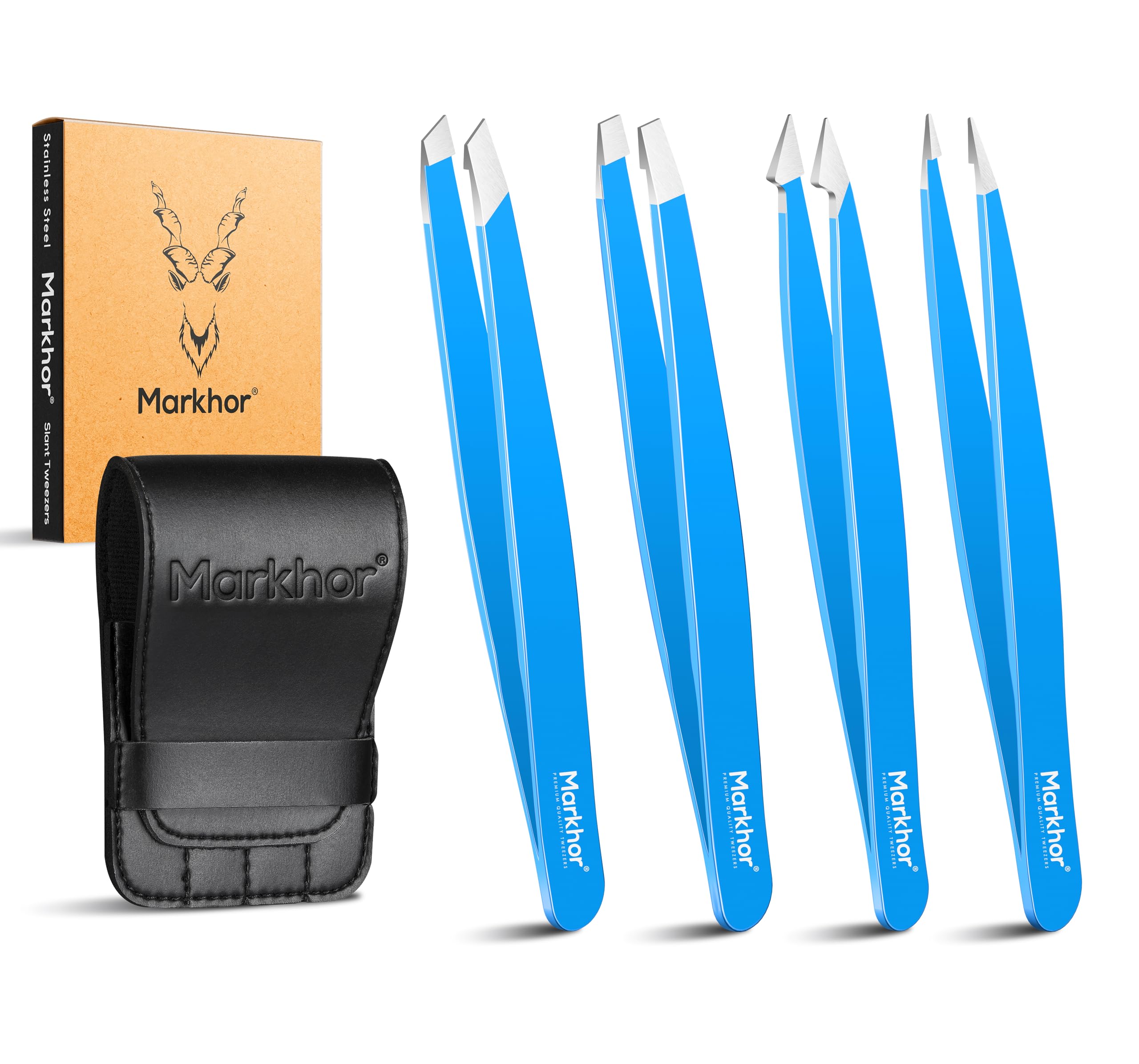 Markhor Women's Blue Markhor® Royal Tweezers For Facial Hair Pointed Tweezers Precision Tweezers Set, Eyebrow Tweezers Slanted Tweezers Eyebrows, Hair Tweezers