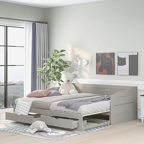 Extendable Daybed with Trundle, Twin Extending Daybed with Storage Drawers for Kids Teens Adults, Wooden Sofa Bed Frame, No Box Spring Required, Gray