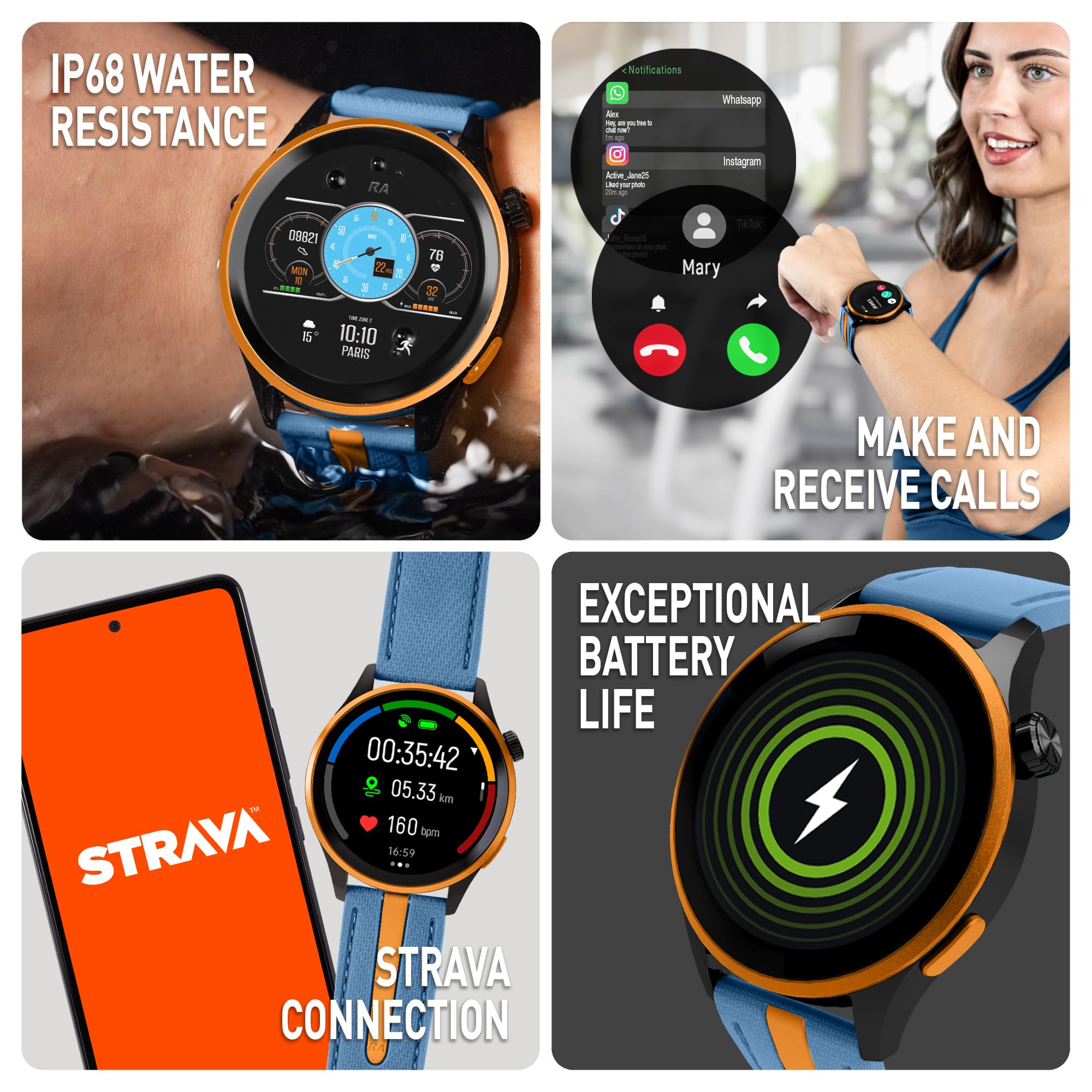 Reflex Active Montre intelligente AMOLED Série 54 GPS Bleu et Orange