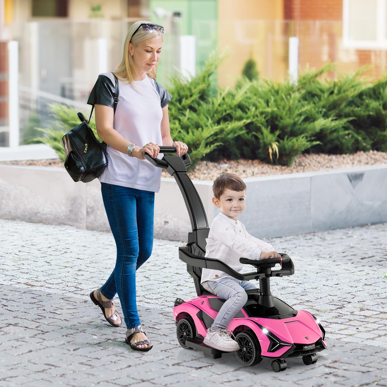 COSTWAY 3 in 1 Auto da Spinta, Auto Scorrevole con Paracolpi e Manubrio Rimovibili Musica e Fari, Spazio di Stoccaggio Nascosto e Ruote Universali Staccabili, Bambini 18-24 Mesi (Rosa)