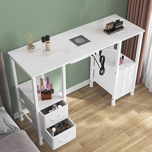 Mesa de manicura para tecnología de uñas, estación de mesa Nail Tech con 4 cajones de almacenamiento y 2 estantes abiertos, mesa de uñas con