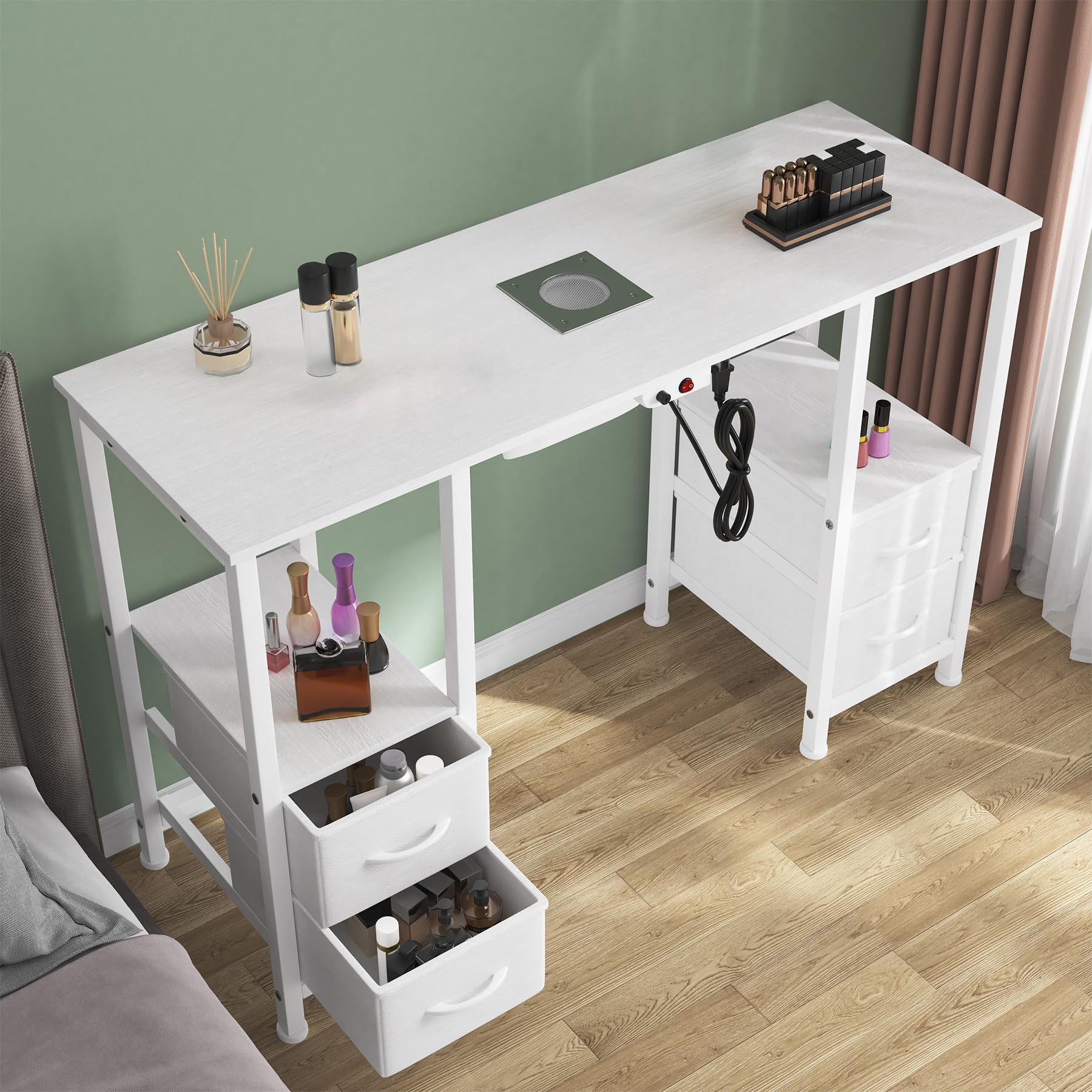 Manicure Table for Nail Tech, Nail Tech Table Station w/4 Storage Drawers & 2 Open Shelves, Nail Table w/Dust Collector for Beauty Salon Tech Station