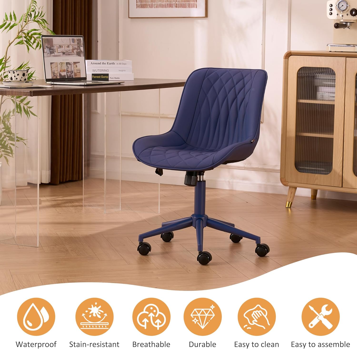 YOUNIKE Faux Leather Ergonomic Office Chair Armless Comfy Desk Chair with Rocking Back Cute Swivel Vanity Chair with Wheels Height Adjustable Small Computer Task Chair for Sewing Drafting Navy Blue