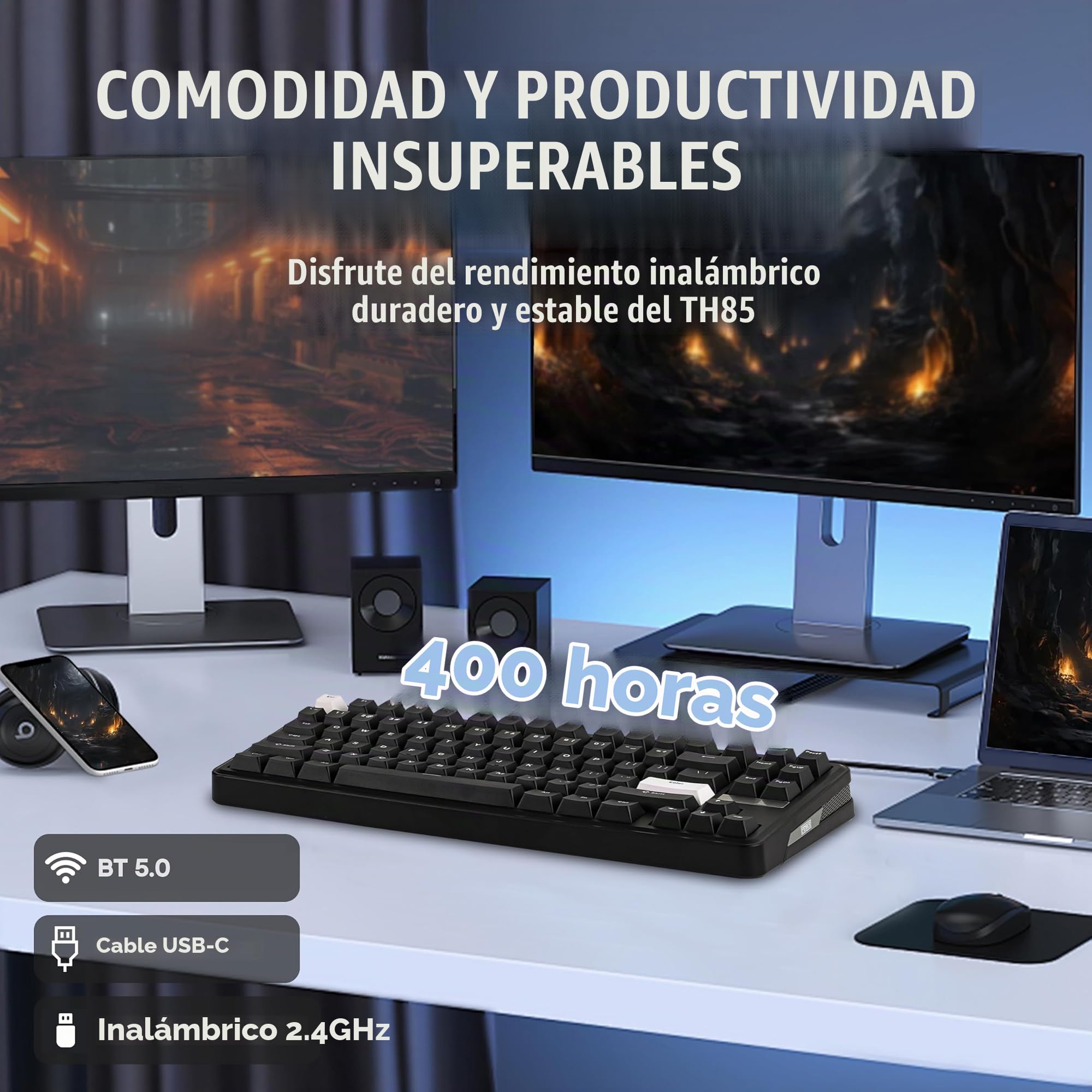 EPOMAKER TH85 Teclado Mecánico Inalámbrico para Juegos con QMK/Via, Intercambiable en Caliente de BT/2,4Ghz/USB, con RGB y Teclas Programables en Disposición US 75% (Negro Blanco, Creamy Jade Switch) | Hot-Swap - Interruptores lineales de jade cremoso pre