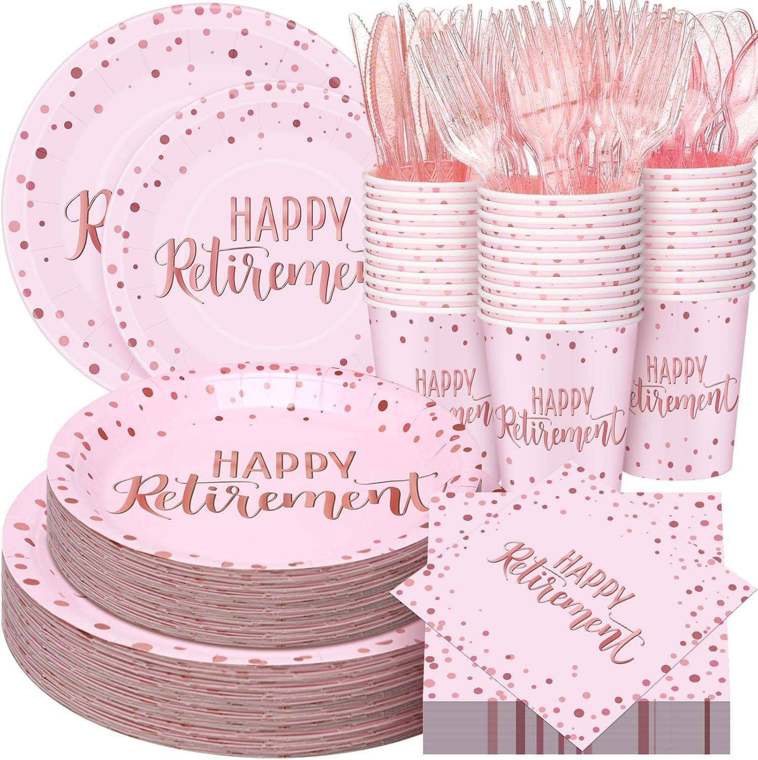 Pickmesh 384 Pcs Retirement Party Decorations Happy Retirement Paper Plates and Napkins Set with Cups and Knife Fork Spoon, Farewell Party Disposable Tableware for Guest (Pink)