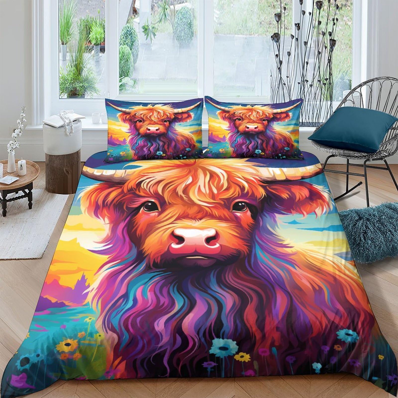 OPANZYYDE Highland Cow Duvet Cover Set 3 PCS Hotel Quality Quilt Cover Bed Sets Bed Covers with Pillowcases with Zipper Closure Hypoallergenic Soft Breathable Microfiber Double（200x200cm）