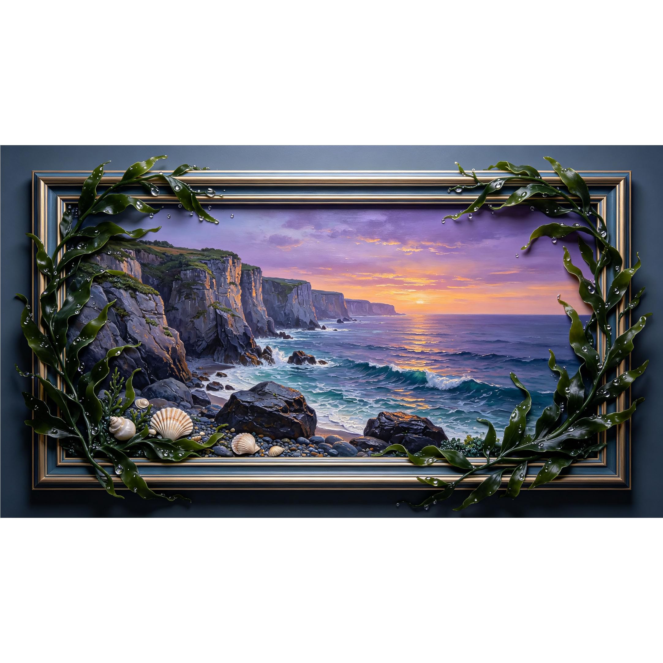 QZLITHOTIC 50x90cm3D Framed Wall Art， Coastal Sunset Cliff Ocean View with Seashells Self‑Adhesive Mural， Water‑Activated Peel & Stick Fabric Decor Wall Decal for Bedroom Living Room