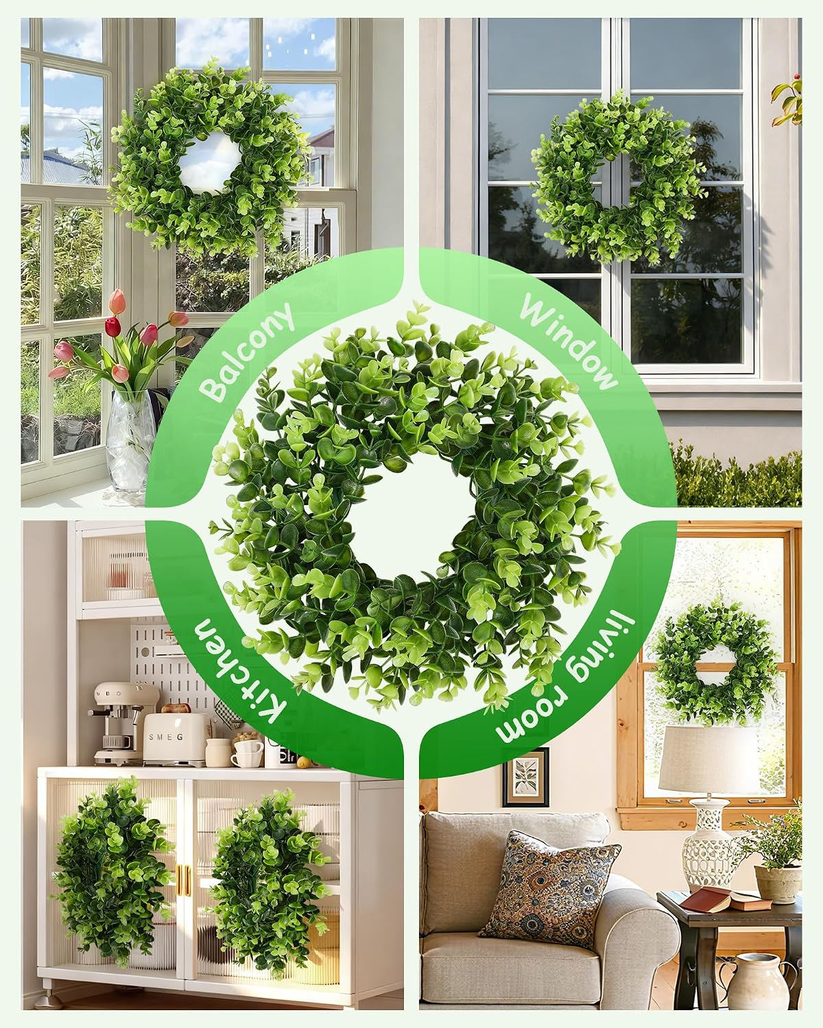Vlorart 2Pcs Small Boxwood Wreath for Front Door, 12 Inch Wreath with Green Bows Boxwood Wreaths Weatherproof, Spring Summer Mini Wreaths for Cabinets, Candle Garland for Table Window Indoor Outdoor