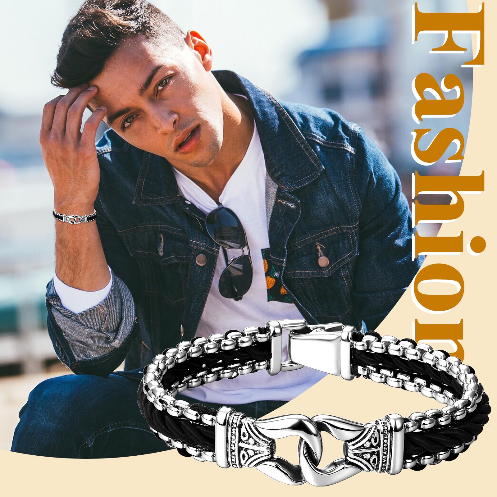 Cupimatch - Pulsera para hombre, piel trenzada, pesada, 316L, acero inoxidable, pulido masculino, clásico, punk plateado, con tarjeta, regalo de cumpleaños, día del padre, Cuero