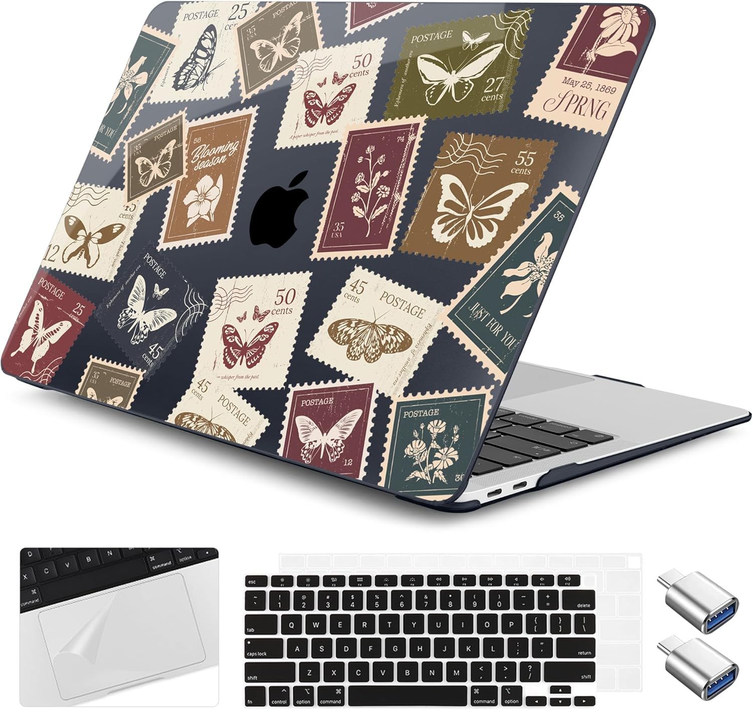 for M1 MacBook Air 13 inch Case 2021 2020 2019 2018 Model A2337/A2179/A1932, Laptop Hard Shell Case with Keyboard Cover & Trackpad Protector & 2 OTG Adapters, Sea Icons
