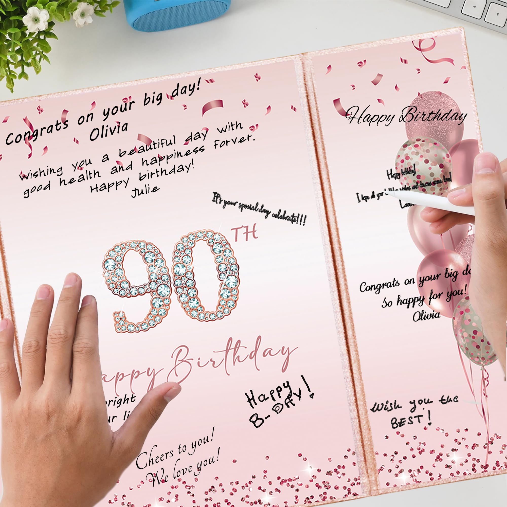 DARUNAXY Decoraciones de fiesta de cumpleaños 90 de oro rosa, libro de invitados alternativo de feliz 90 cumpleaños para mujeres, regalos de felicitación rosa a 90 años, suministros de fiesta
