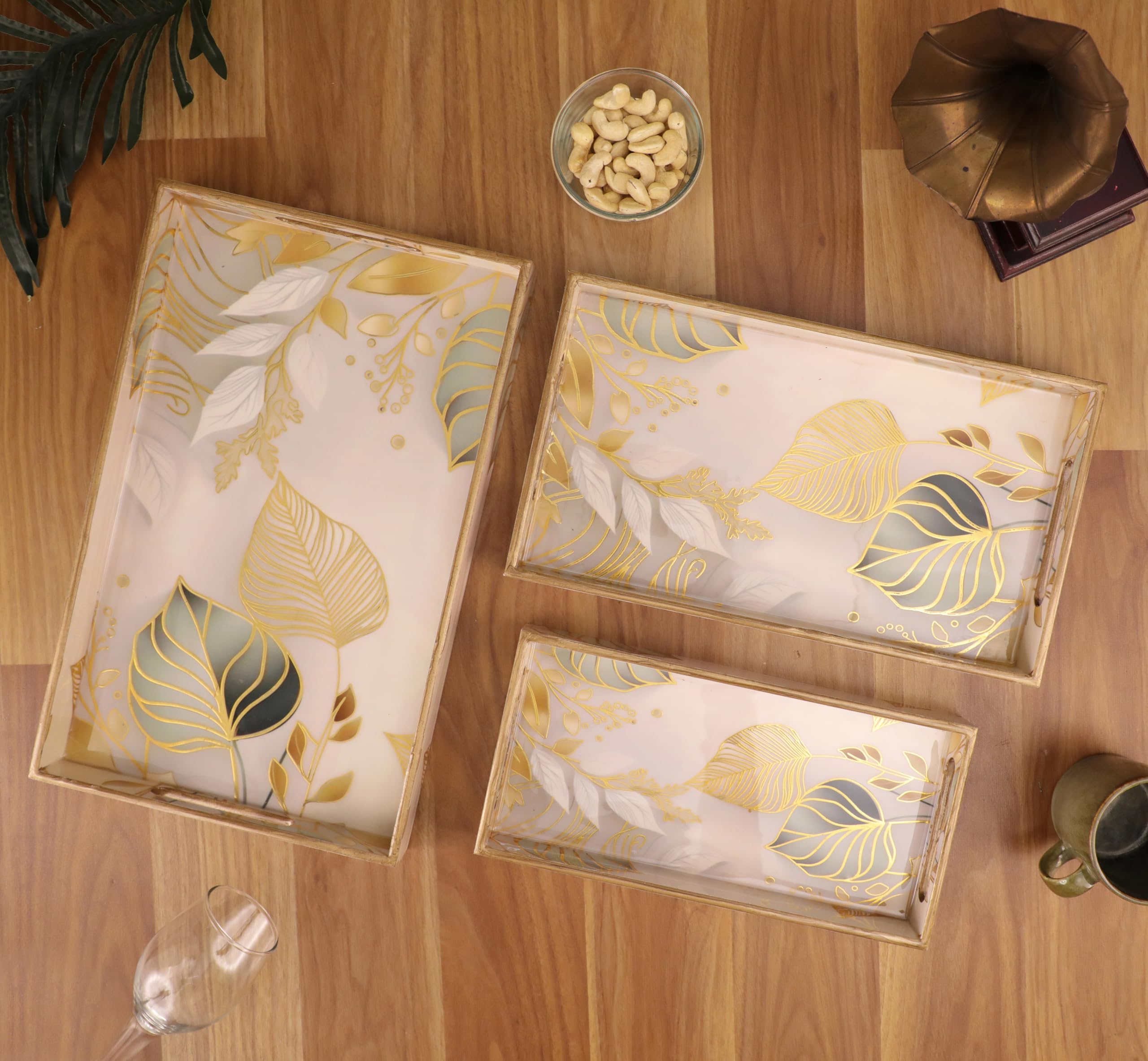 Handcrafted Wooden Tray - White Leaf Design -4 Handcrafted Wooden Tray - White Leaf Design -4