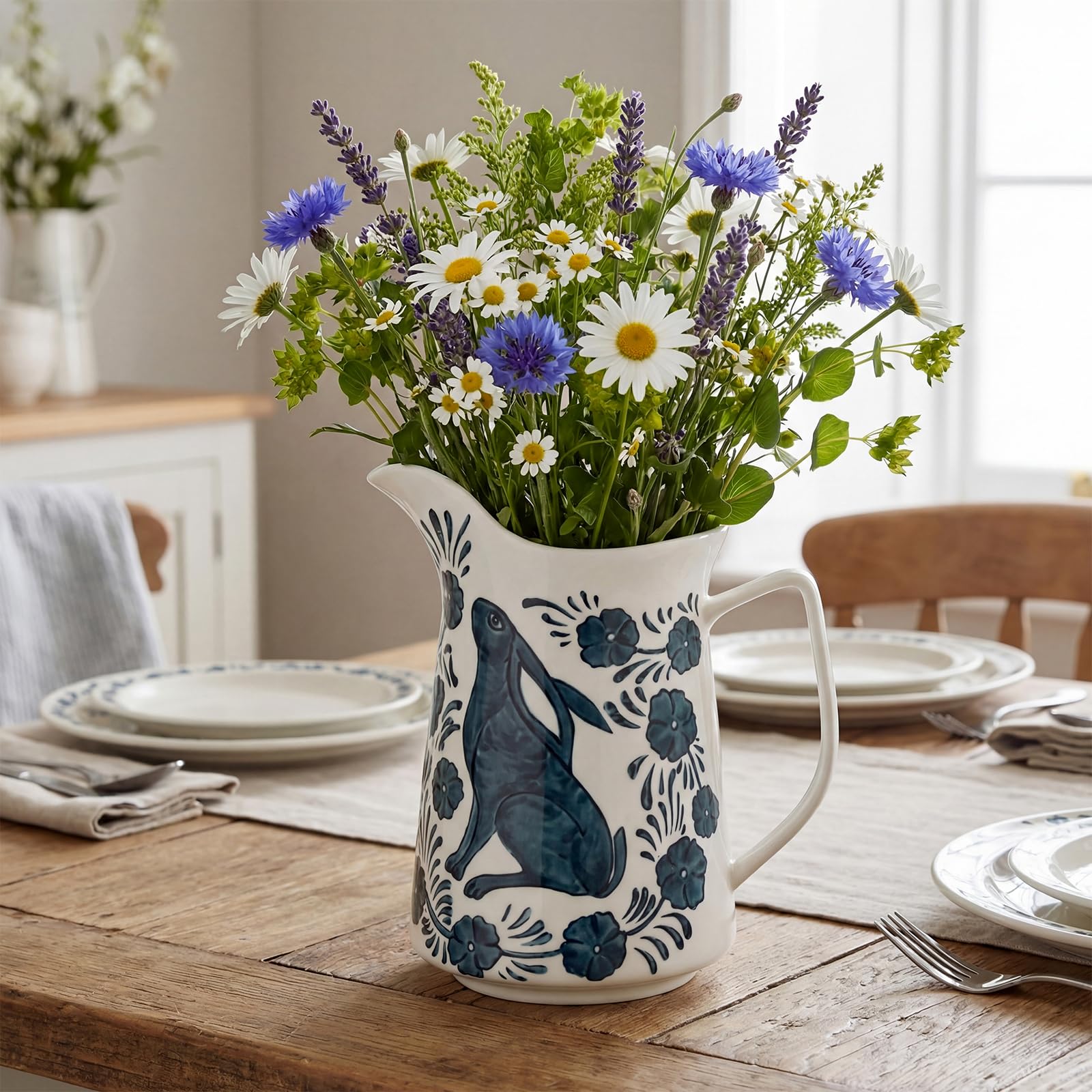 Photo 1 of Teenyyou Stoneware Pitcher with Painted Rabbit and Florals