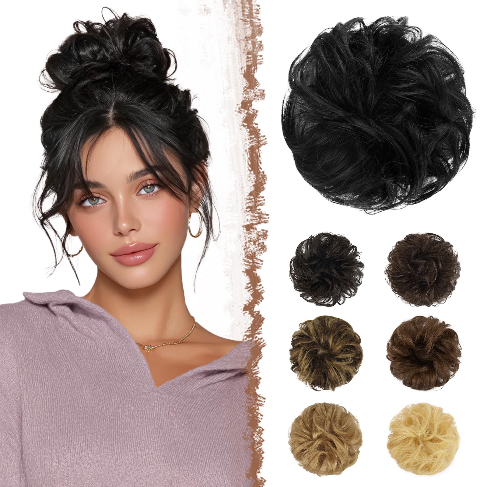 FESHFEN 100% Echthaar Haarteile Dutt Haargummi - Schwarz Haarteil Gummiband mit Haaren Wellig Bun Extensions Haarknoten Pferdeschwanz Haarverlängerungen Hochsteckfrisuren für Damen