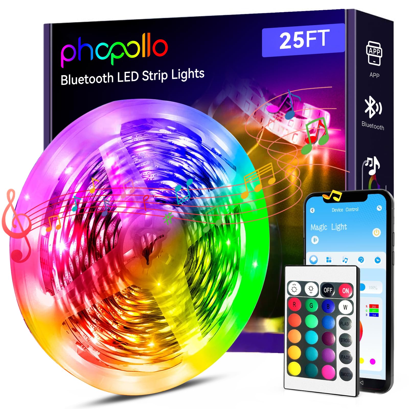phopollo Led Strip Light, 25ft led Light Strips with Remote & App, Music Sync Mode with Mic