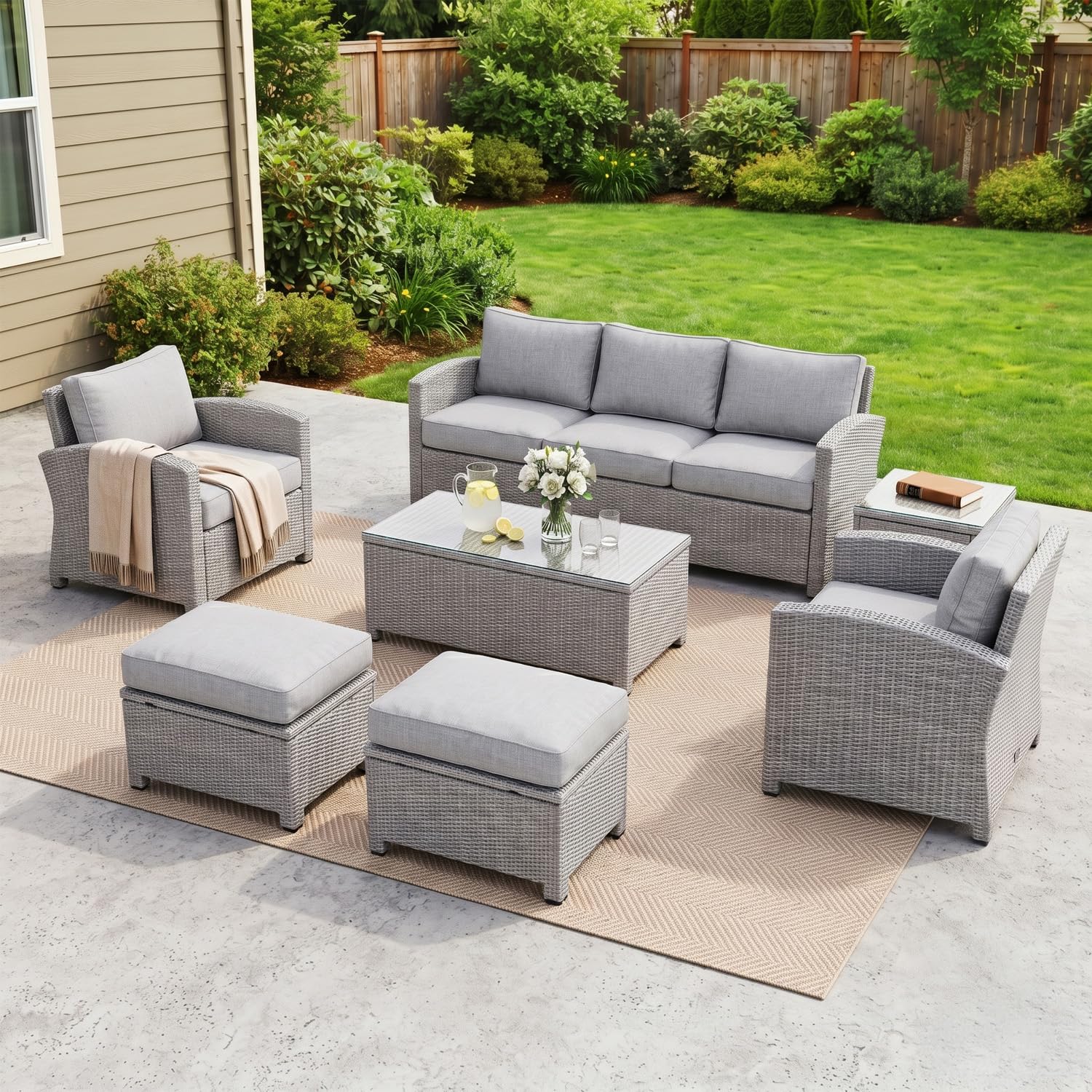 devoko 7 piece outdoor conversation patio furniture set all weather wicker sectional couch 7 seater sofa with center table ottoman for garden,terrace,porch,lawn,backyard(silver&grey)