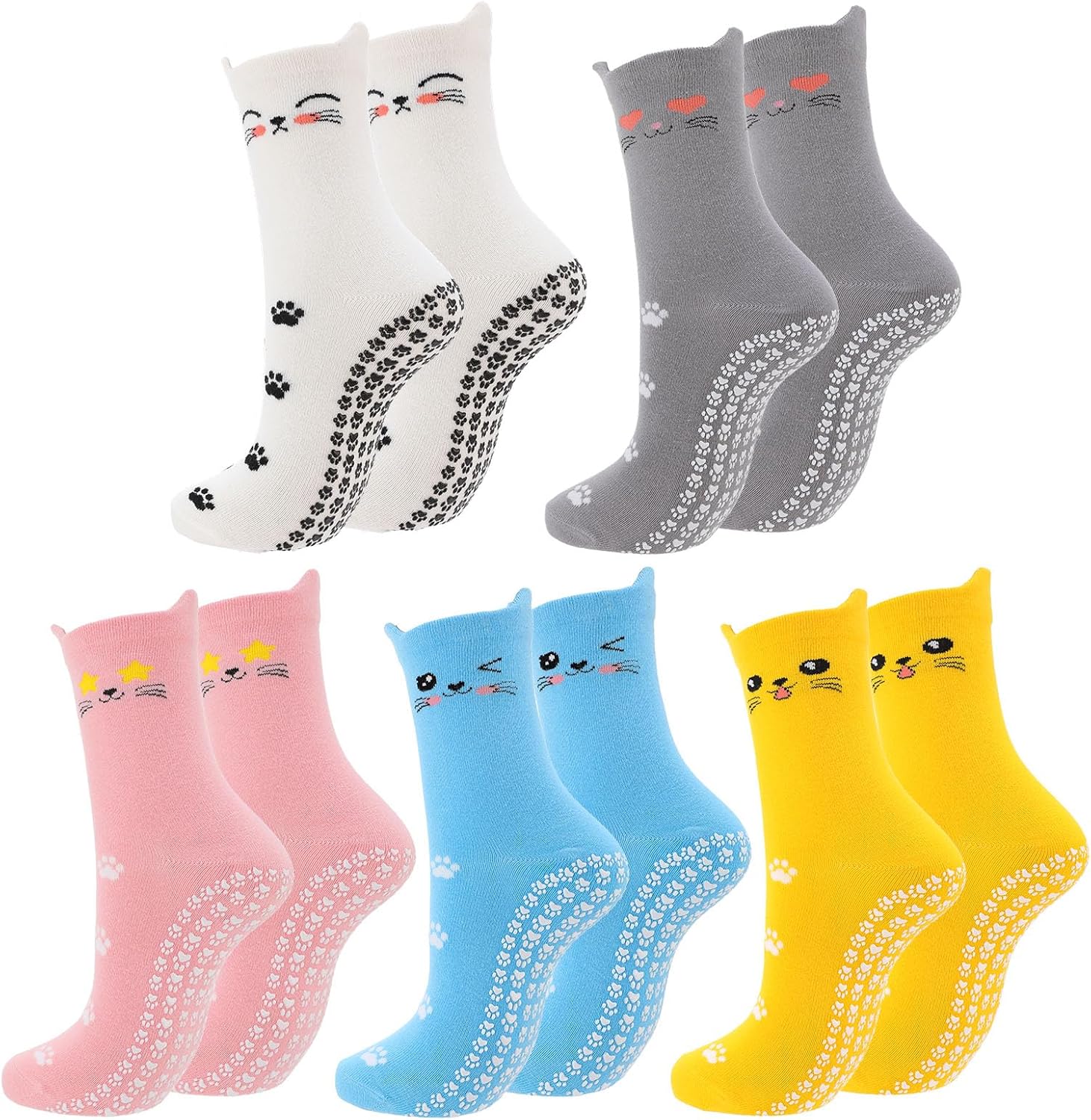 5 Pair Cute Cat Pilates Socks with Grips for Women Cotton Non Slip Grippy Socks with Cat Paw Pattern for Barre Workout Hospital