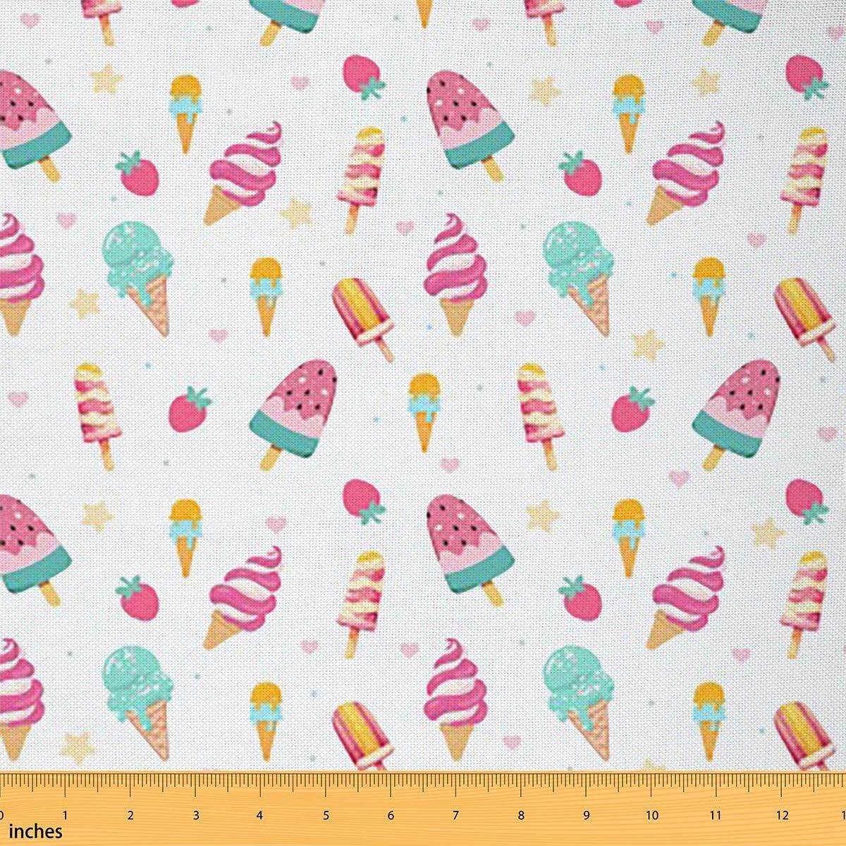 Kids Ice Cream Fabric by The Yard 2 Yards Summer Holiday Upholstery Fabric for Chairs for Boys Girls Food Theme Decorative Strawberry Soft Flannel
