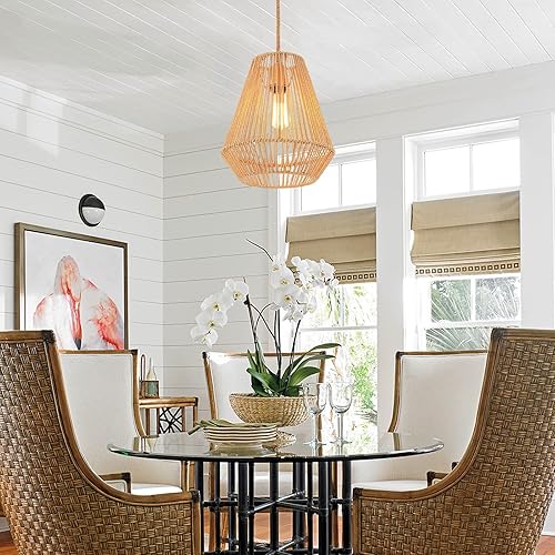 Miniatura 5 de Luces colgantes tejidas con pantalla de cesta de ratán de mano de 12 pulgadas, acabado de pintura de latón antiguo, para cocina, isla, granja,