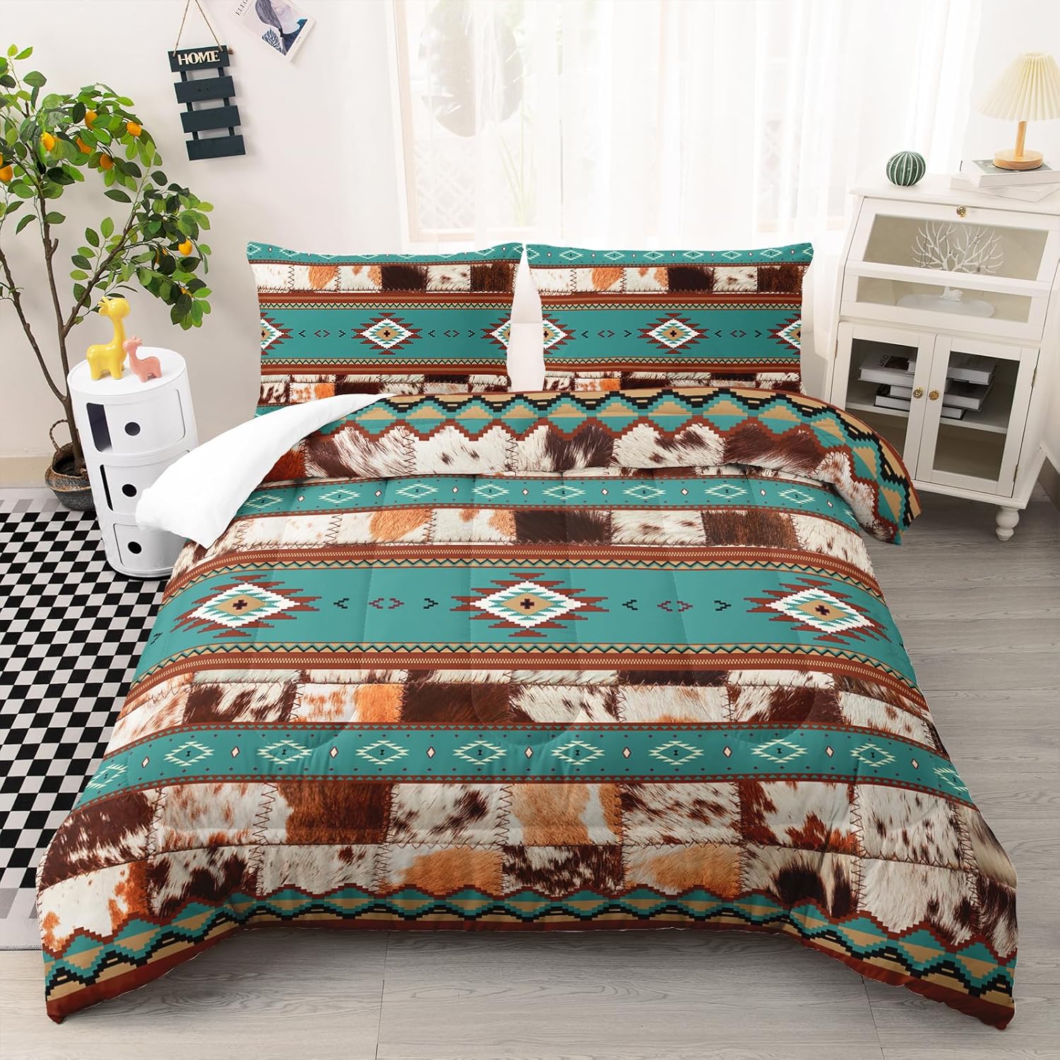 AILONEN White Brown Cow Hair Texture Comforter Set Twin Size, Geometric Ethnic Cowhide Pattern Bedding Set,Native American Tribal Cowhide Blue Theme Duvet Set 3 Pieces, 1 Quilt and 2 Pillowcase