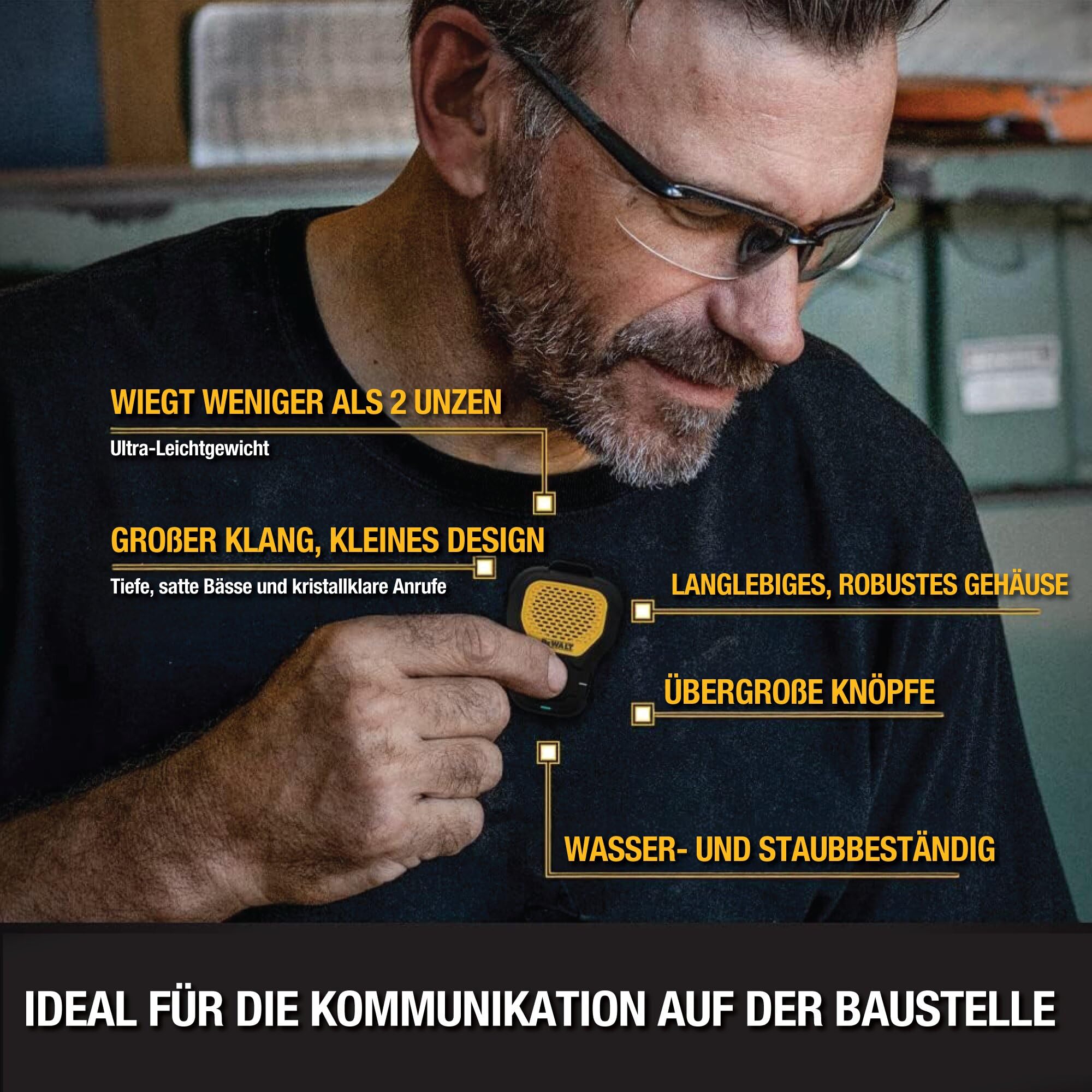 DEWALT Wearable Bluetooth Tragbarer Lautsprecher – Magnetischer Clip-On Wireless Speaker, Jobsite Pro, wasserresistent, Hands-Free Musik & Anrufe, Outdoor & Baustelle, Gelb